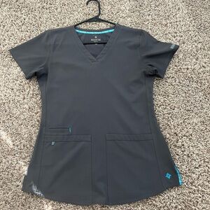 Med Couture Charcoal V-Neck Scrub Top with Teal Accents